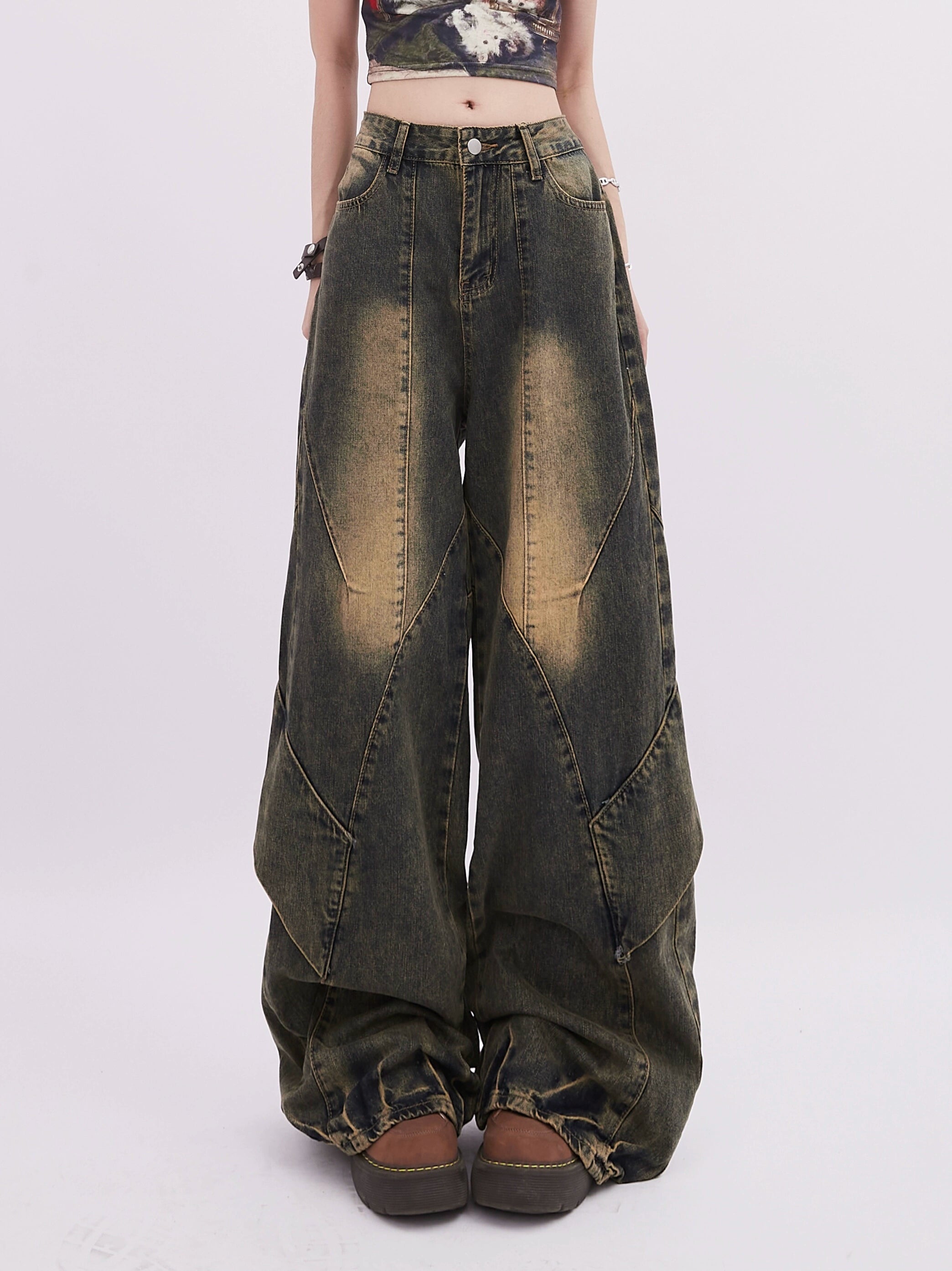 Diagonal Panel Wide Leg Jeans