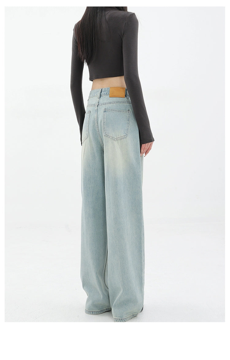 Blue Retro Loose Straight-Leg High-Waist Floor-Length Jeans - chiclara
