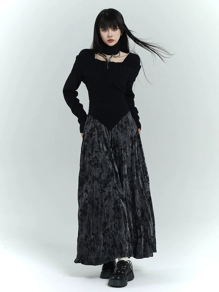 Pleated Texture Velvet Skirt - chiclara