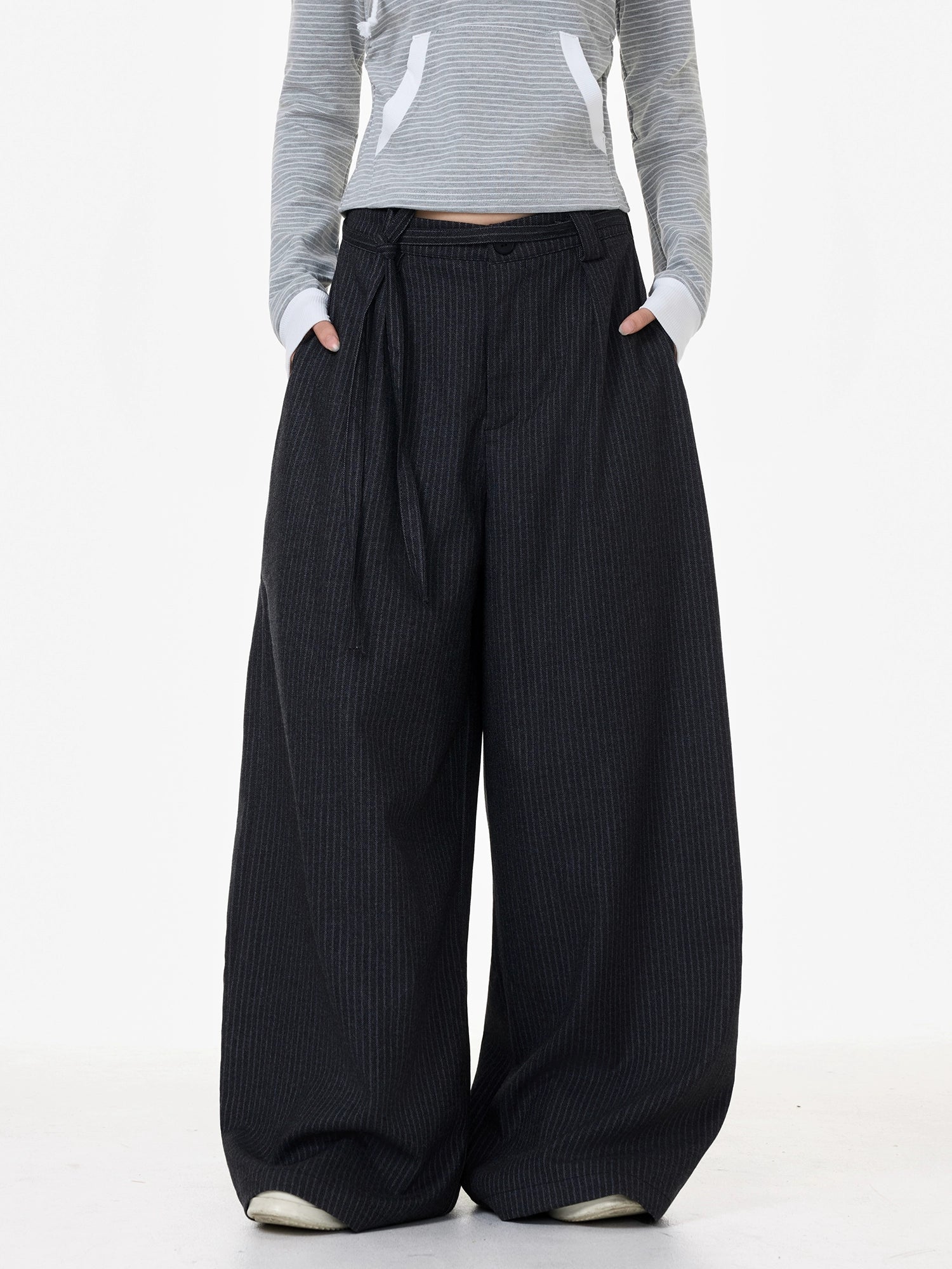 Midnight Pinstripe Wide-Leg Trousers