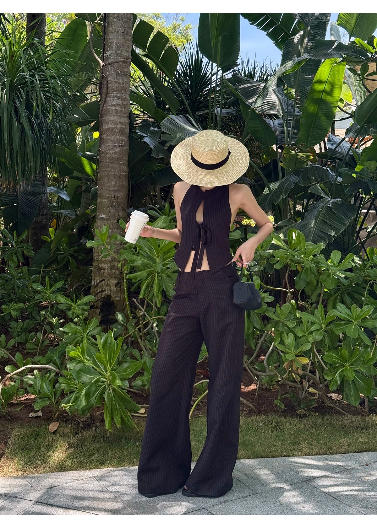 Black Pinstripe Wide Leg Pants