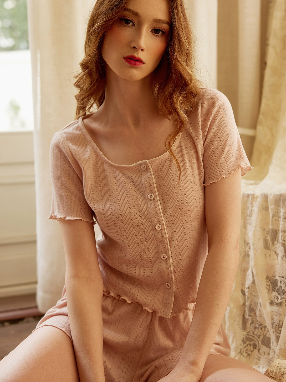 Beige Cotton Gauze Button-Up Top & Shorts Set