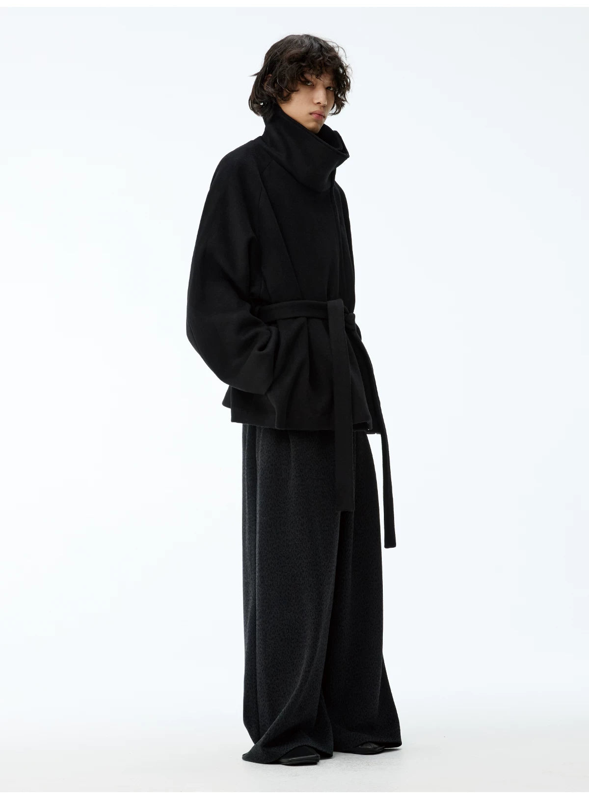 Black Funnel-Neck Belted Wool Coat