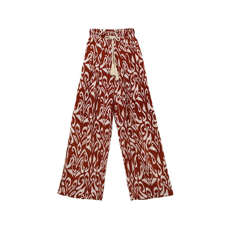 Boho Red and White Print Wide-Leg Pants