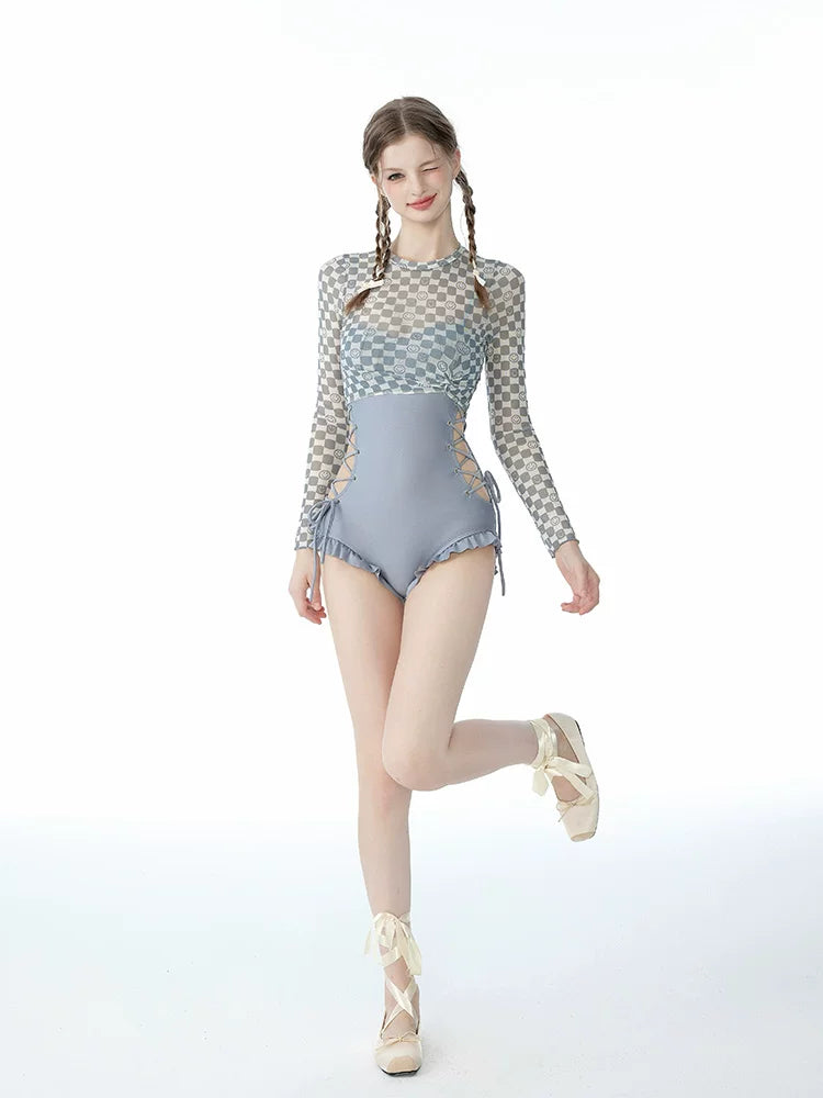 Cloud Check Lace‑Up Ballet Swimsuit