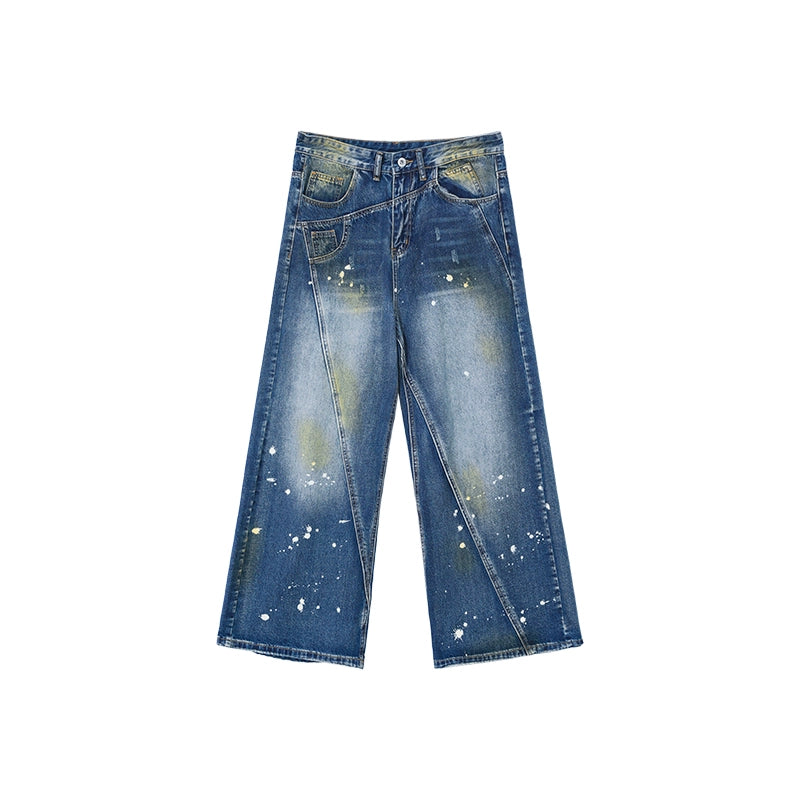 Wide-Leg Blue Jeans with Paint Splatter and Diagonal Seam Details