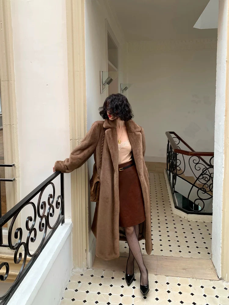 Long Brown Faux Fur Lapel Coat