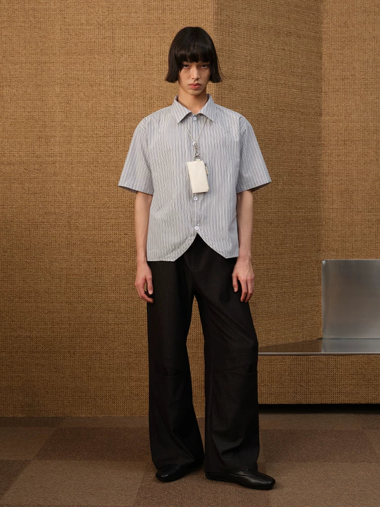 Pinstripe Short-Sleeve Curved-Hem Shirt