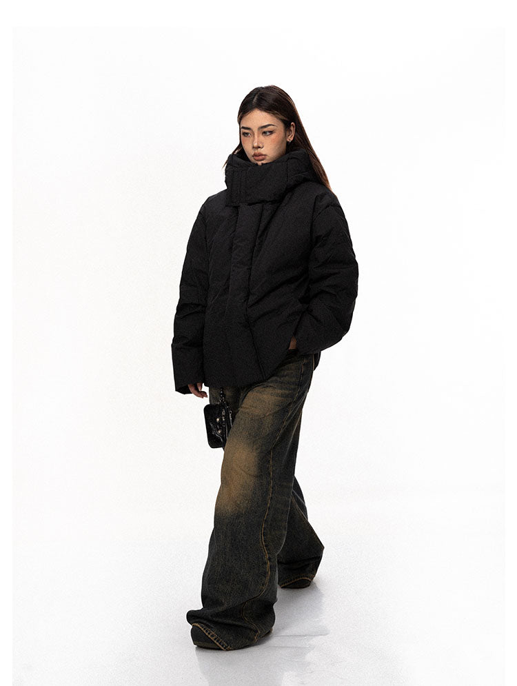 High Collar Windproof Hooded Down Jacket - chiclara