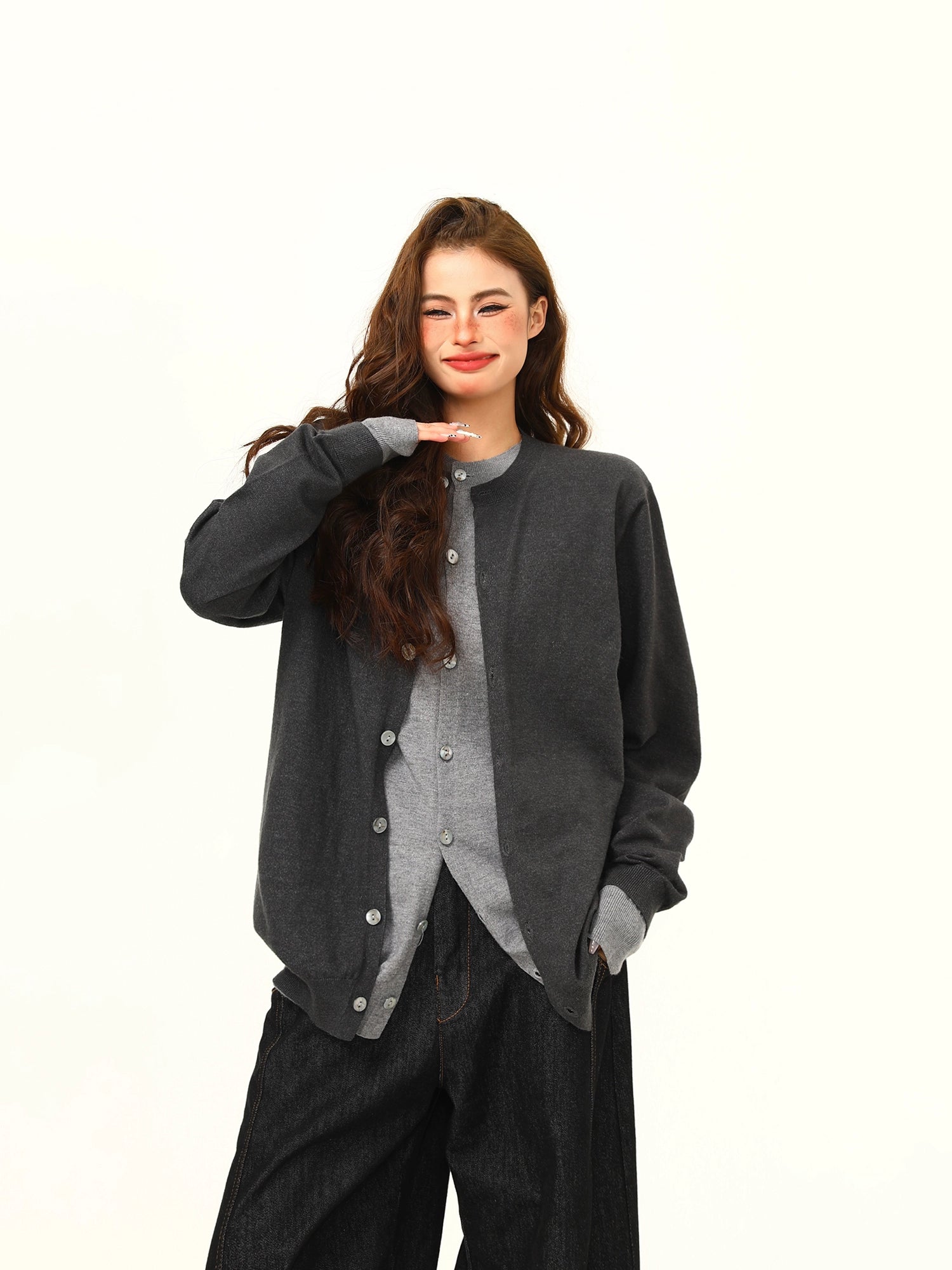 Two-Tone Gray Asymmetric Button Cardigan