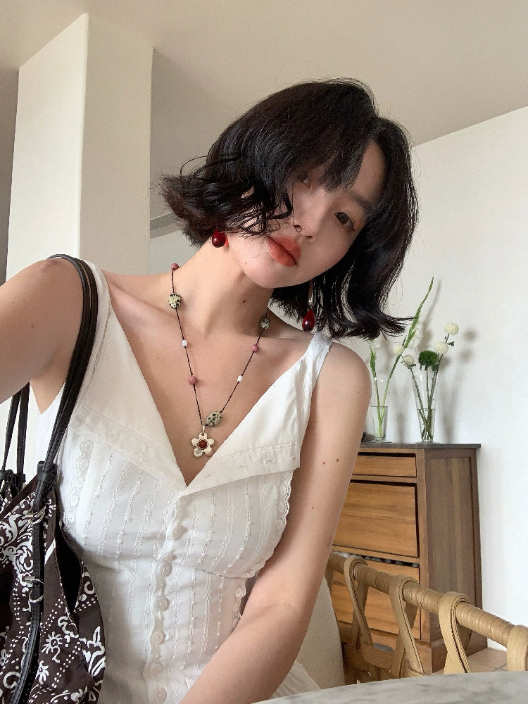 White Vintage V-Neck Maxi Dress