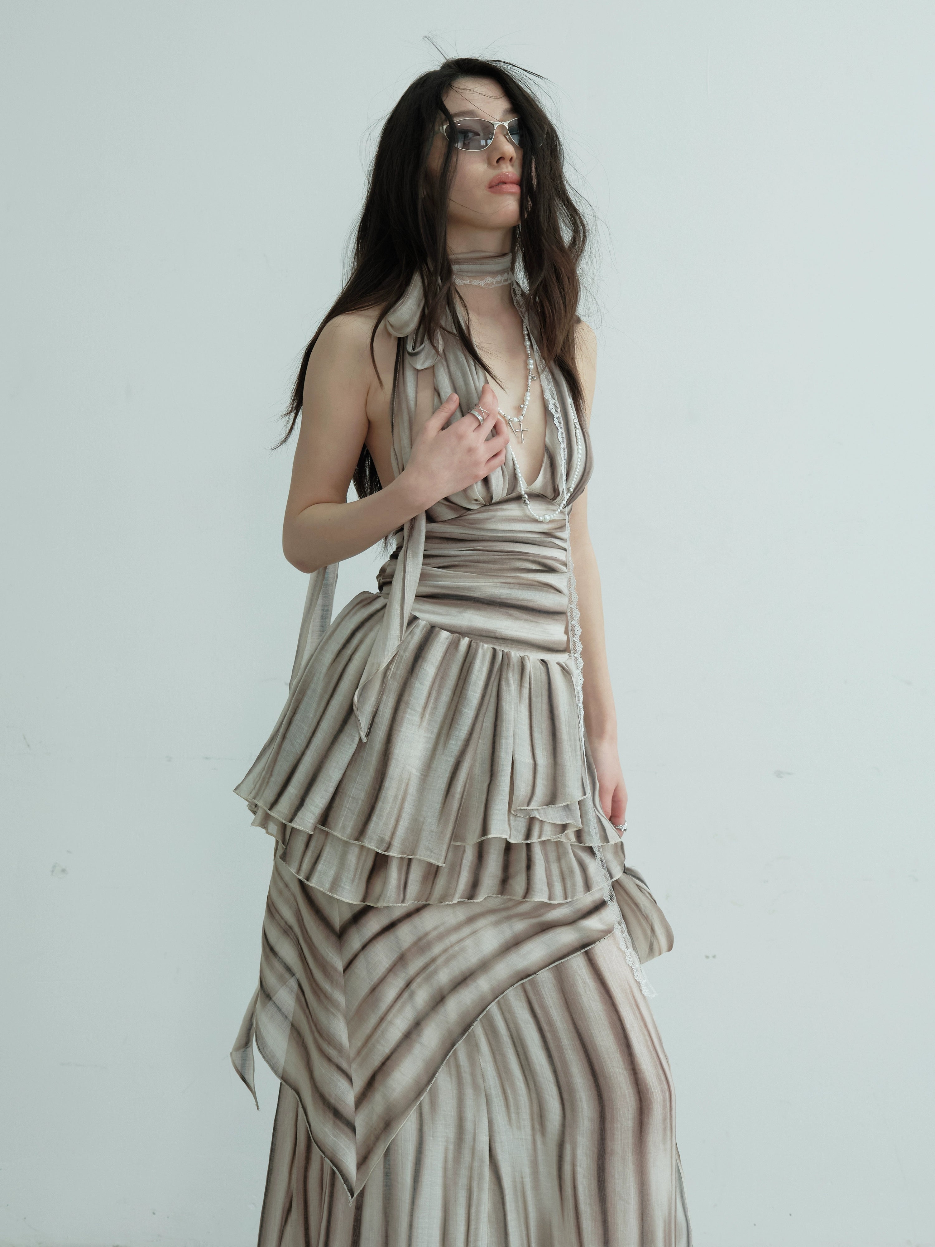 Ruched Halter Striped Two-Piece Dress Set