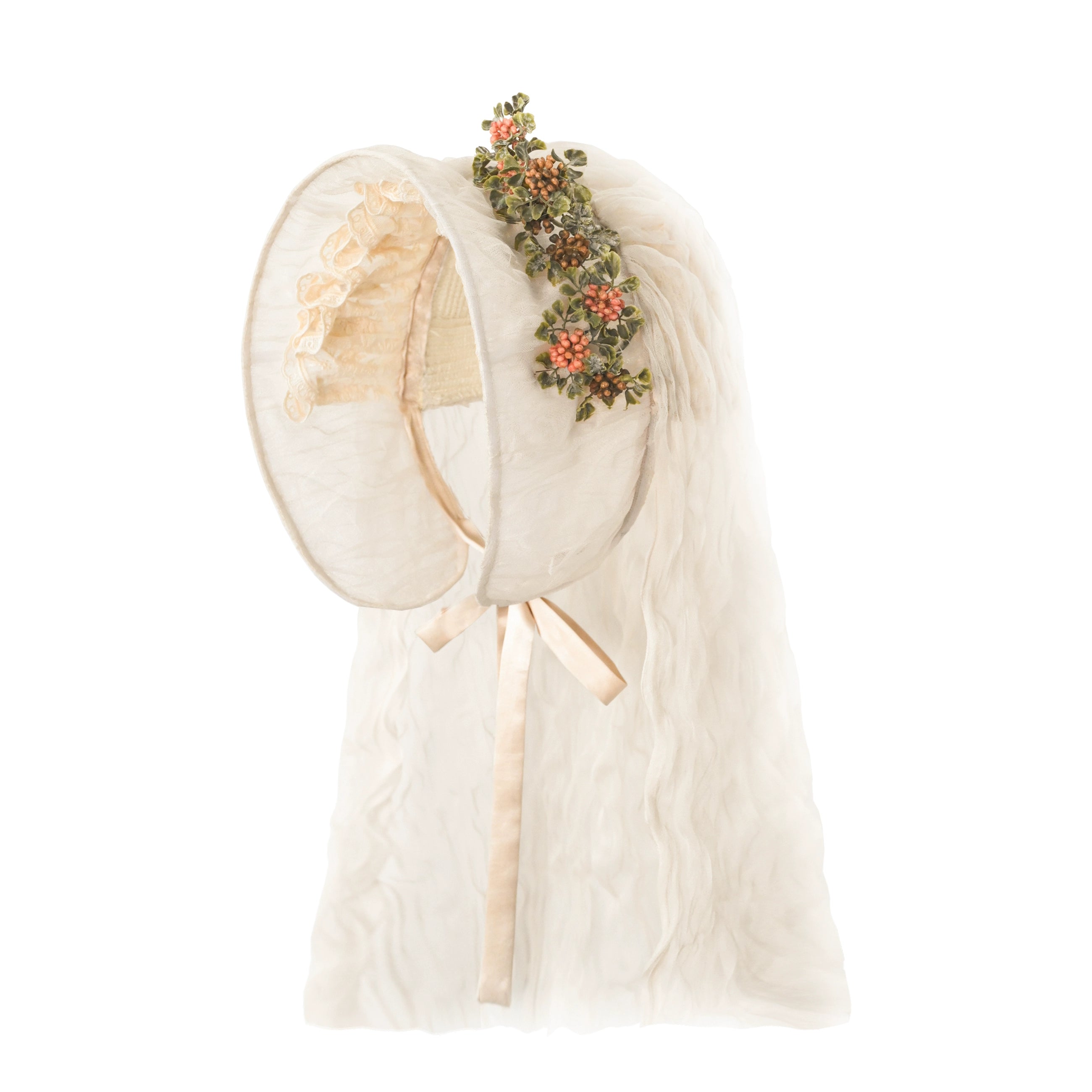 Victorian Ivory Bonnet with Floral Embellishments