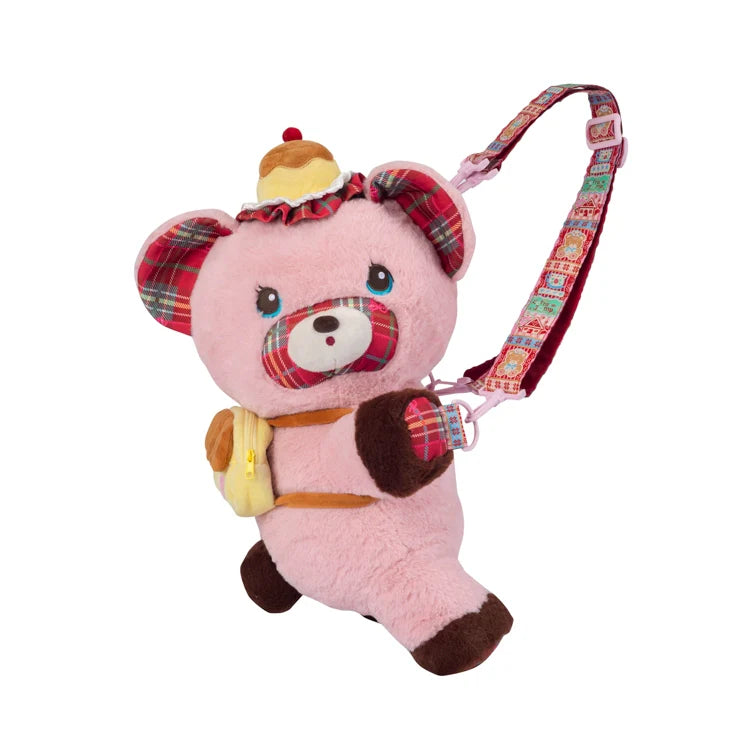 Plaid Pink Bear Plush Crossbody Bag