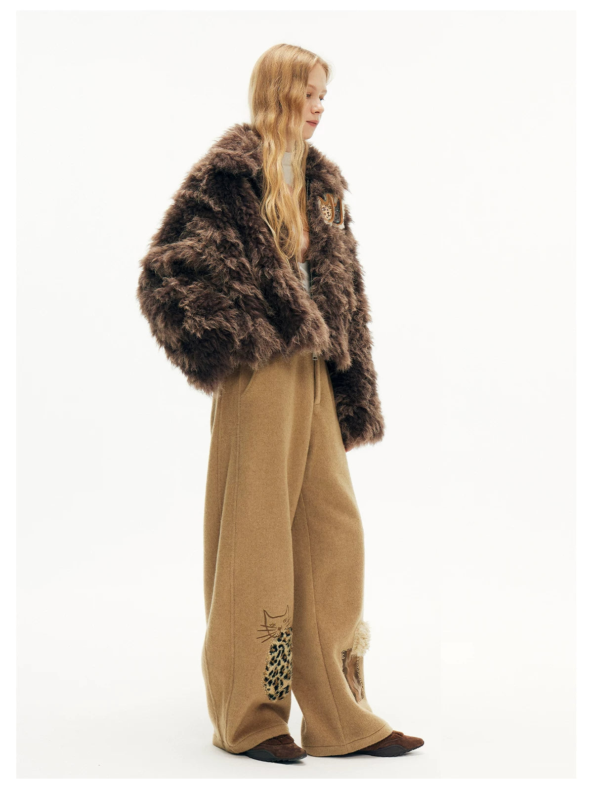 Leopard Pocket Kitty Patch Wide‑Leg Pants
