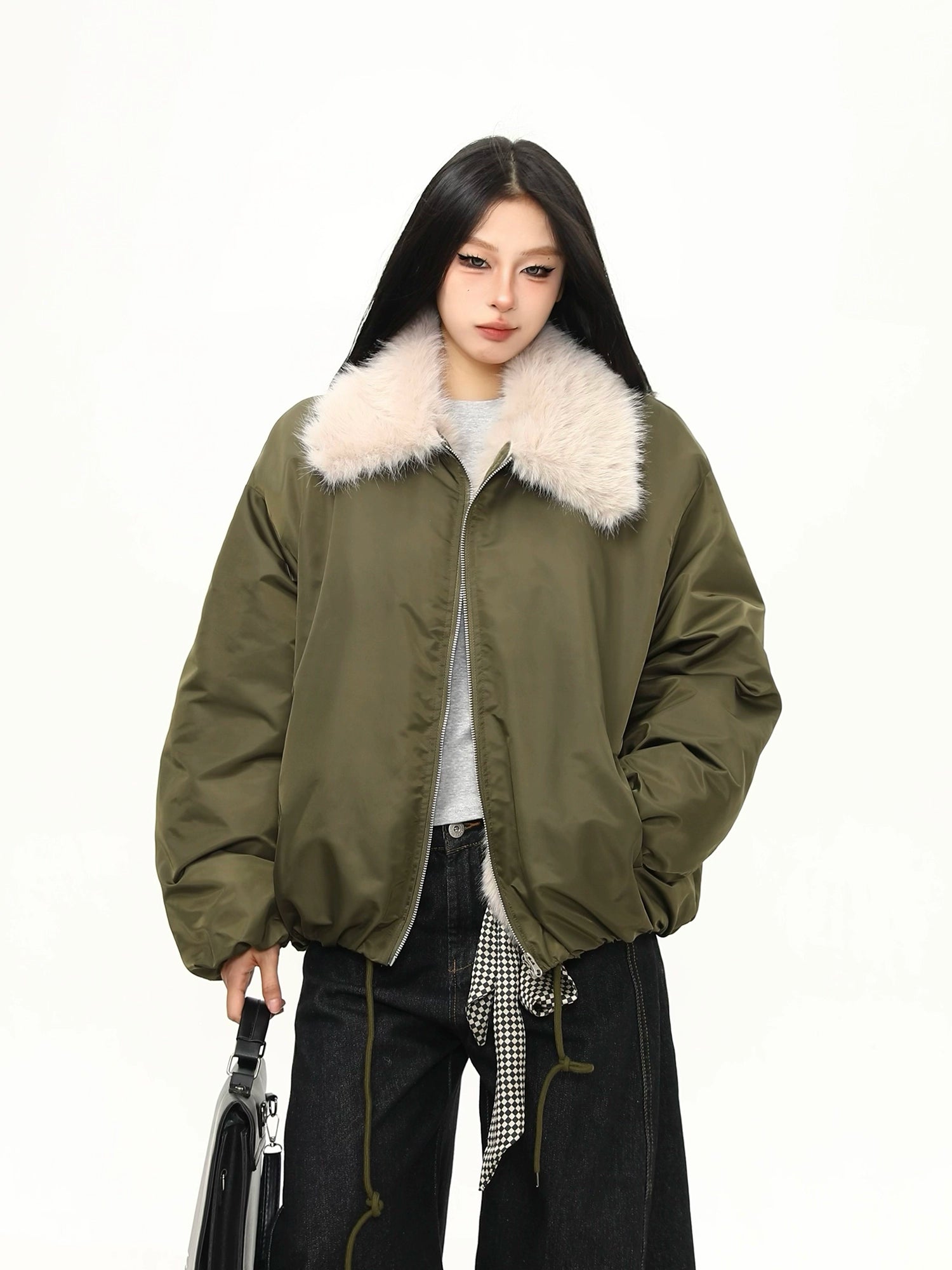 Olive Frost Faux Fur Collar Bomber Jacket
