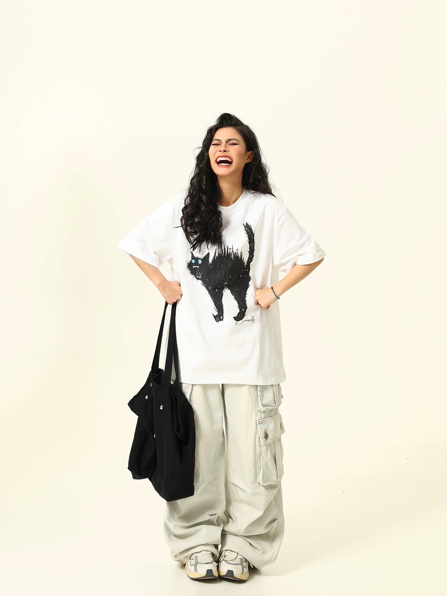 Oversized Tee with Cat Graphic