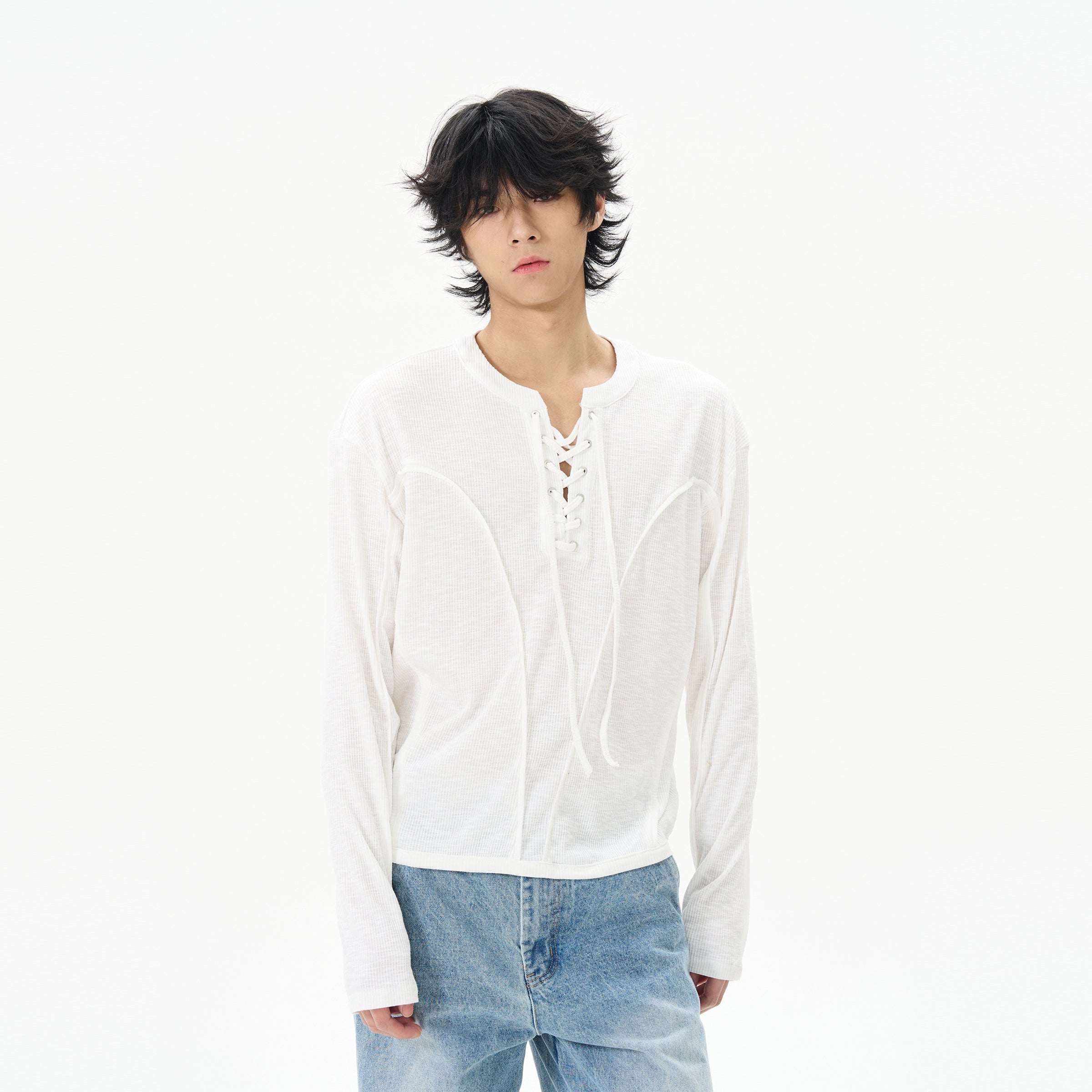 White Linen Lace-Up Henley Shirt