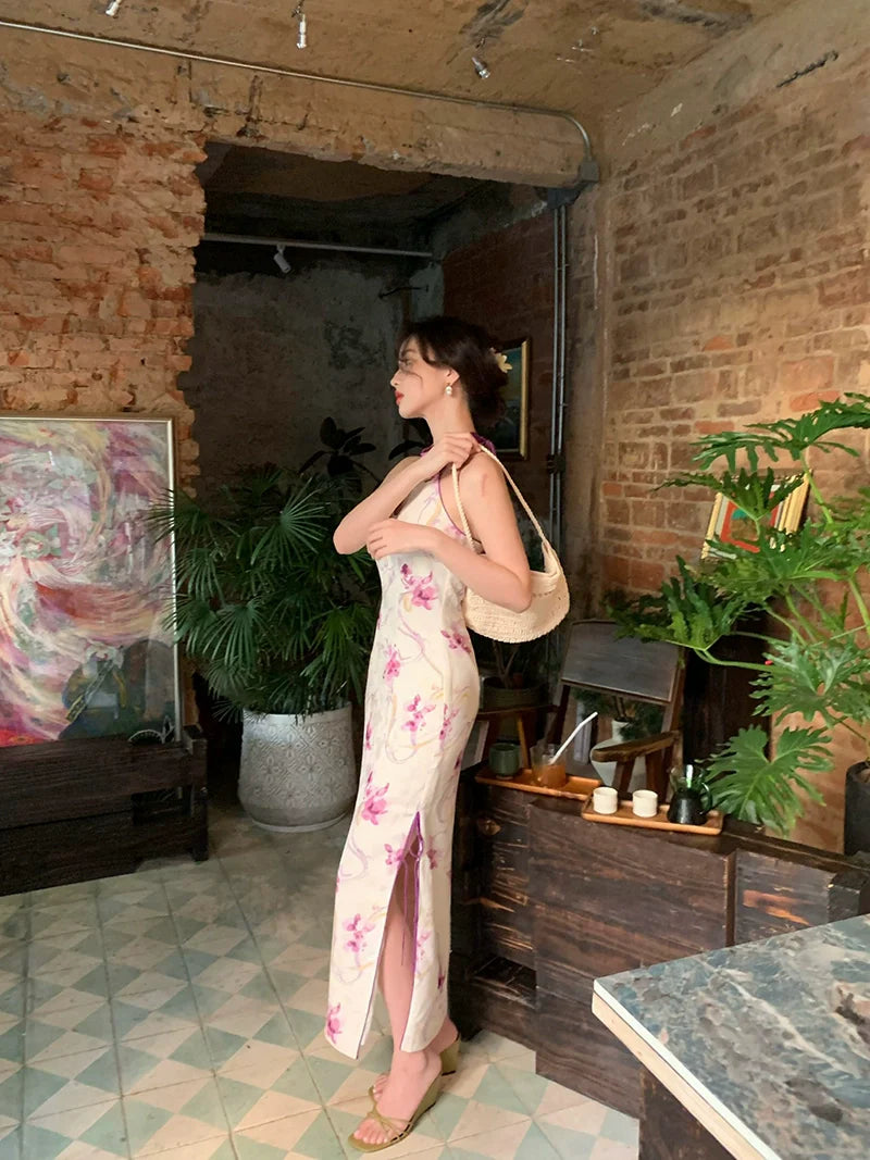 Floral Halter Neck Cheongsam Dress