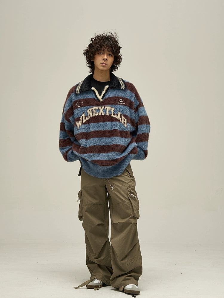 Fuzzy Striped Rugby Collar Sweater