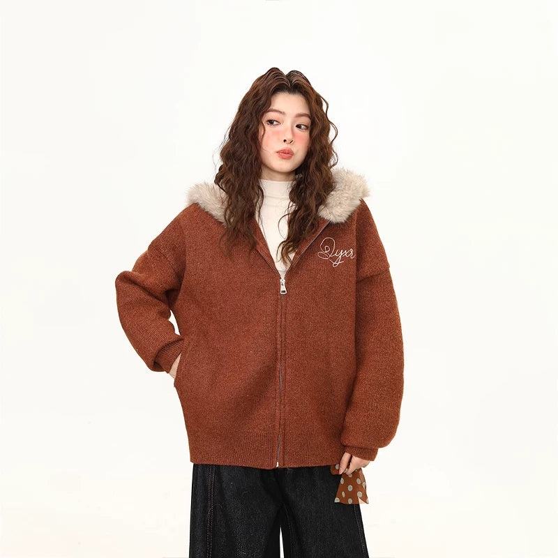 Chestnut Fluff Trim Zip Hoodie Jacket