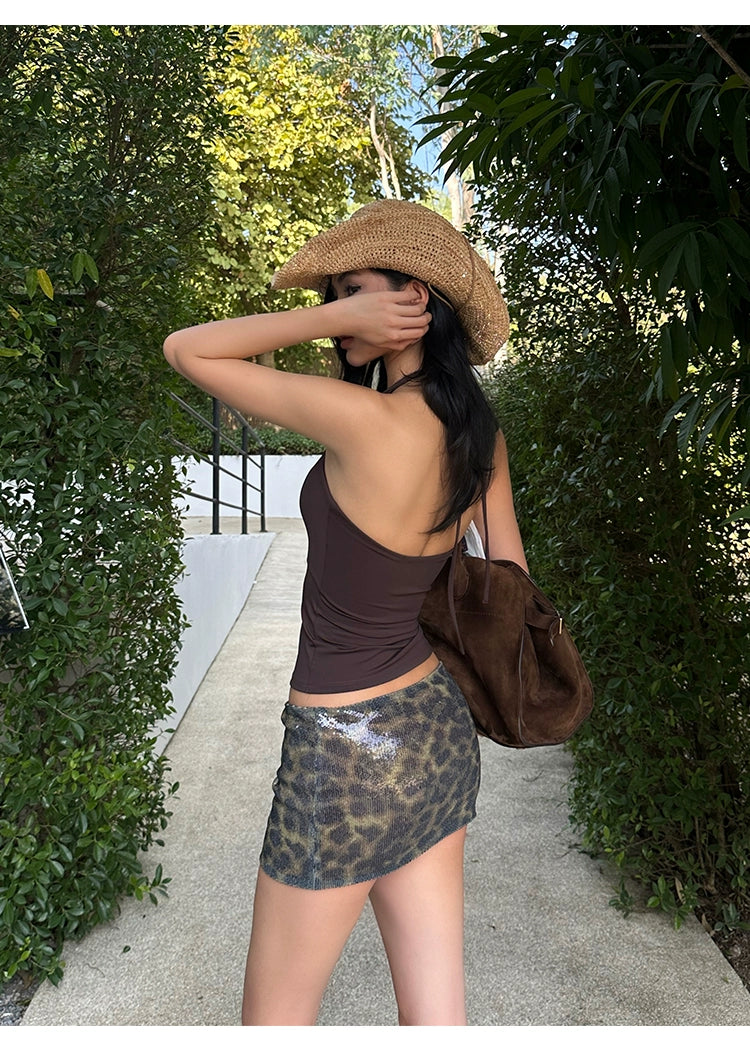 Leopard Print Sequin Mini Skirt