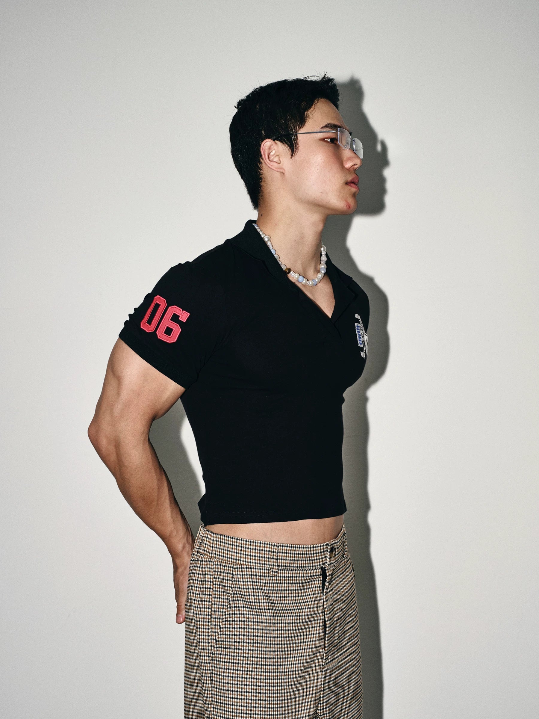 Black Fitted Patch Polo Crop Shirt