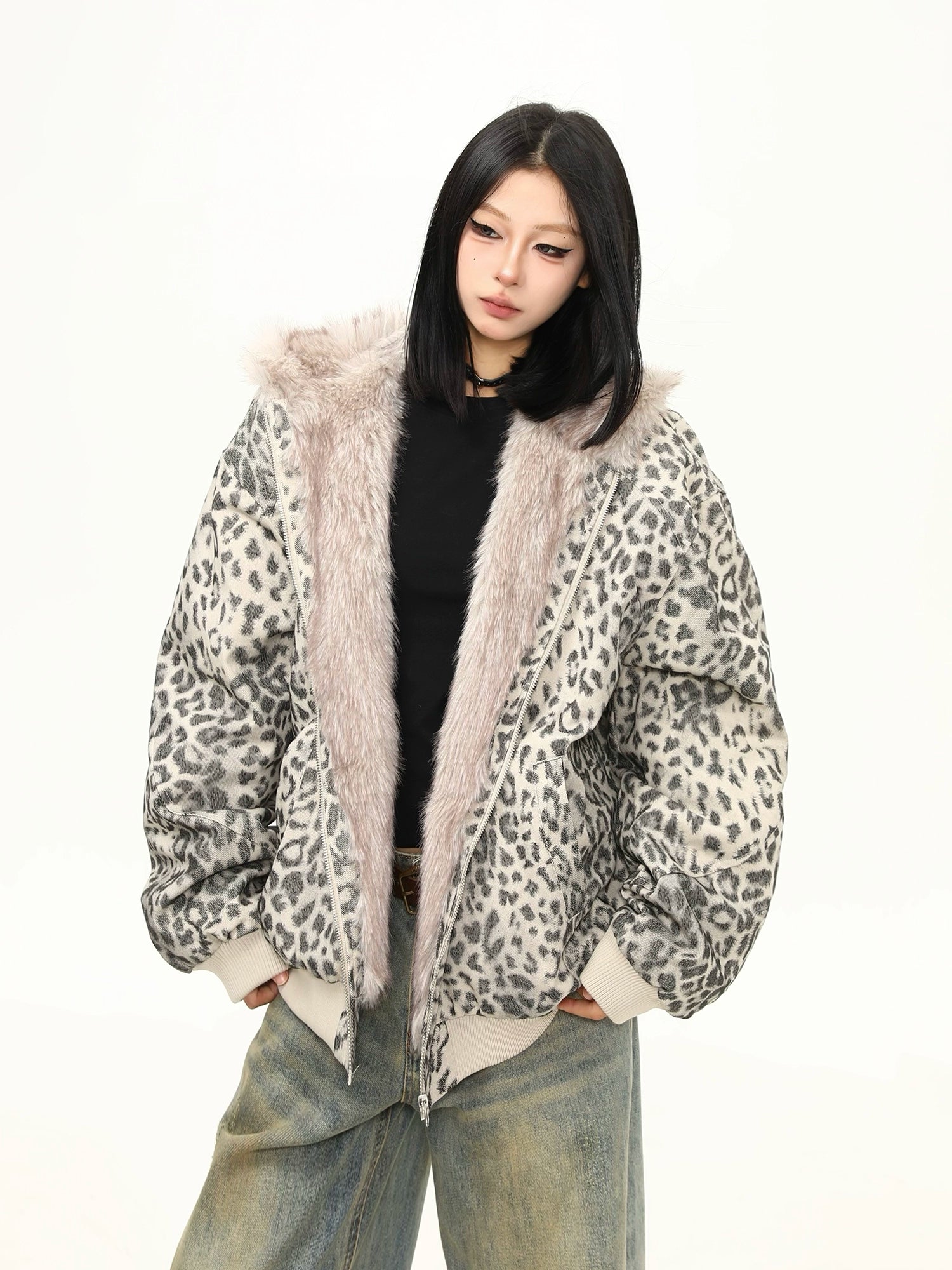 Snow Leopard Plush Zip Hoodie Jacket