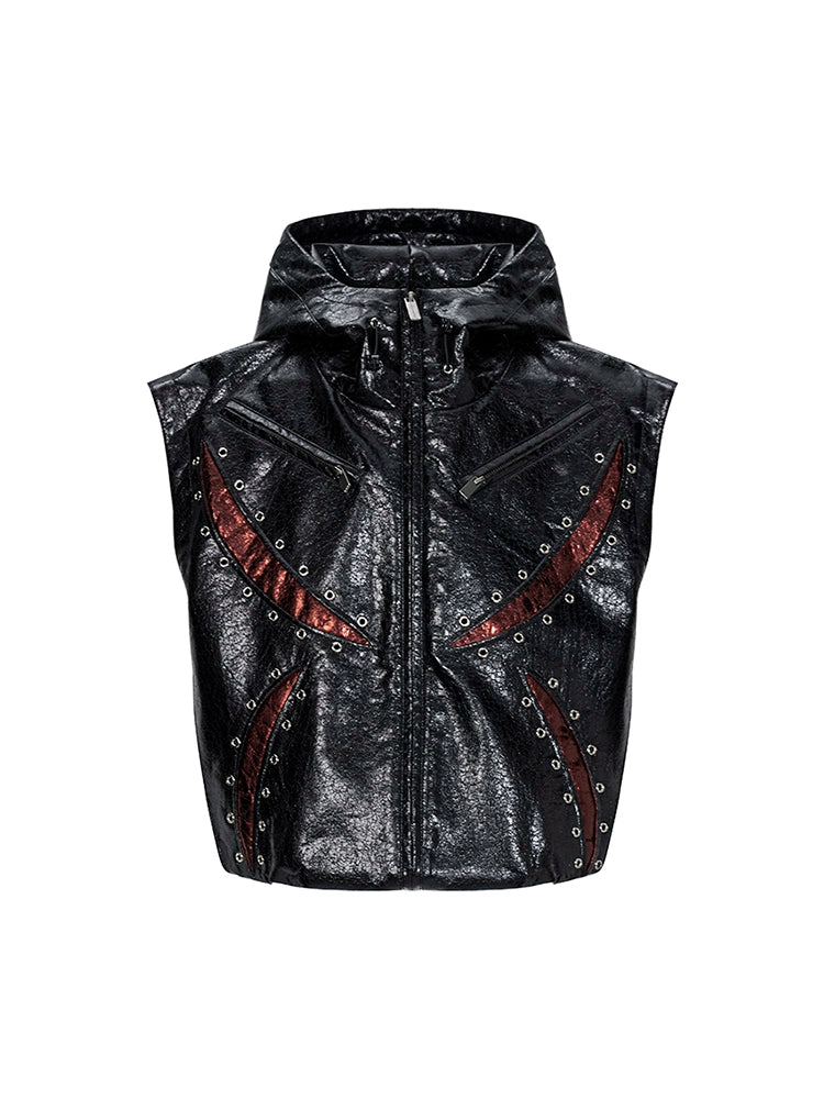 Black Hooded Faux Leather Vest