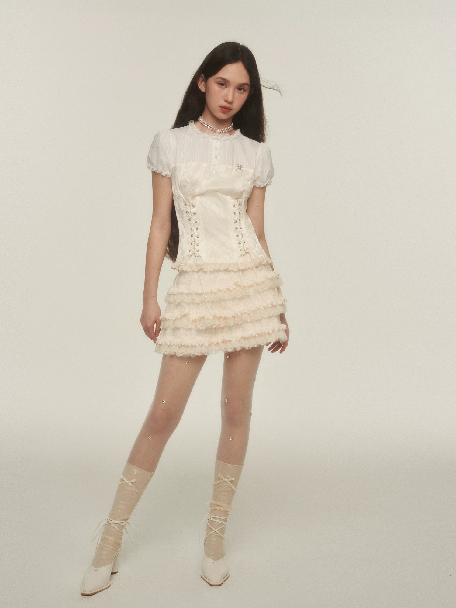 Victorian Style Corset Blouse with Puff Sleeves and Lace Trim