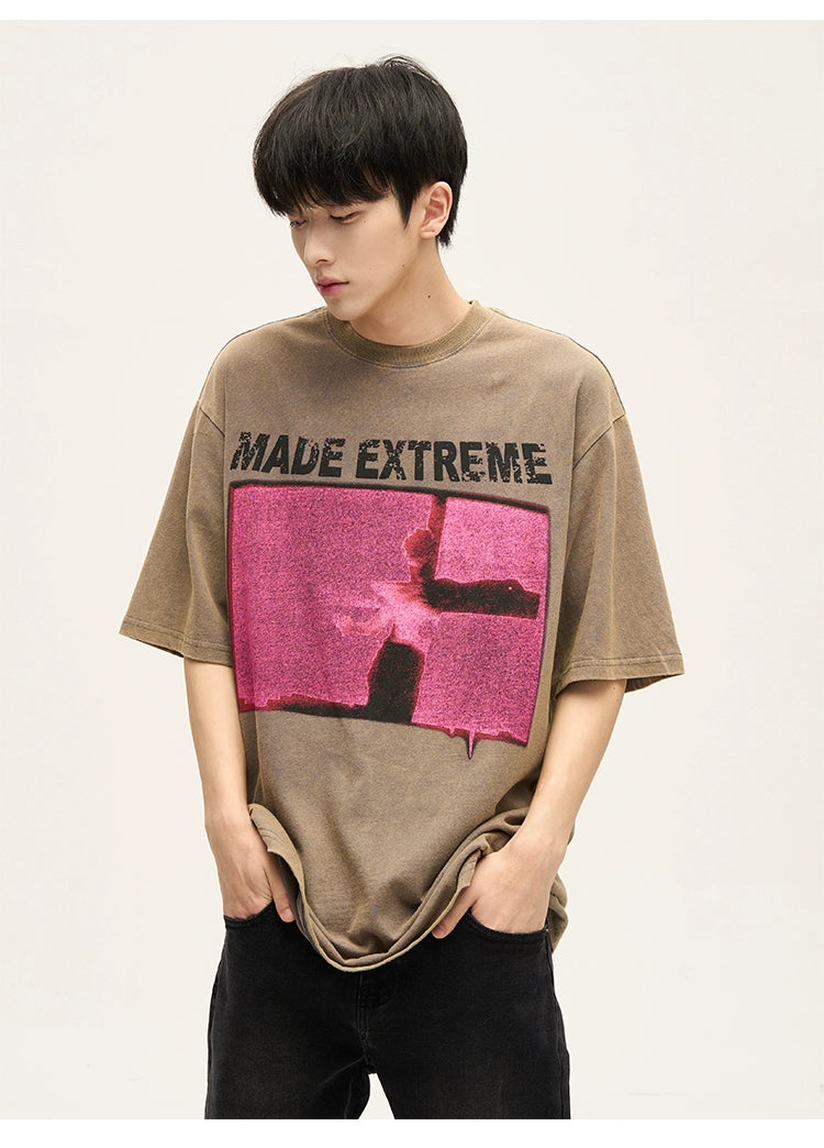Acid Wash Graphic T-Shirt with Pink Print