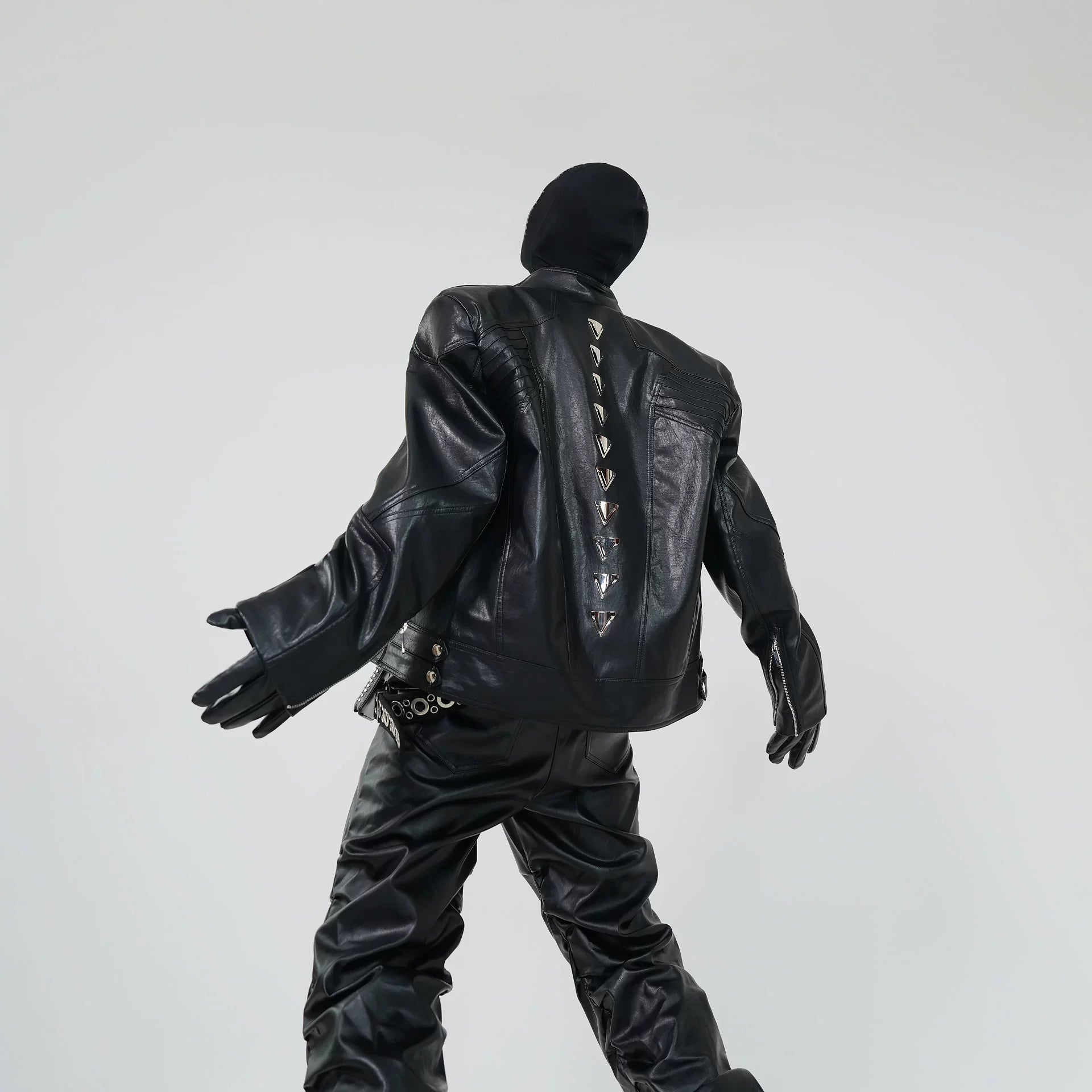 Vortex Spine Pyramid‑Stud PU Leather Jacket