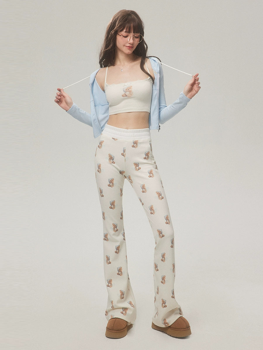 Trendy Bear Print Casual Pants With Subtle Flare Leg - chiclara