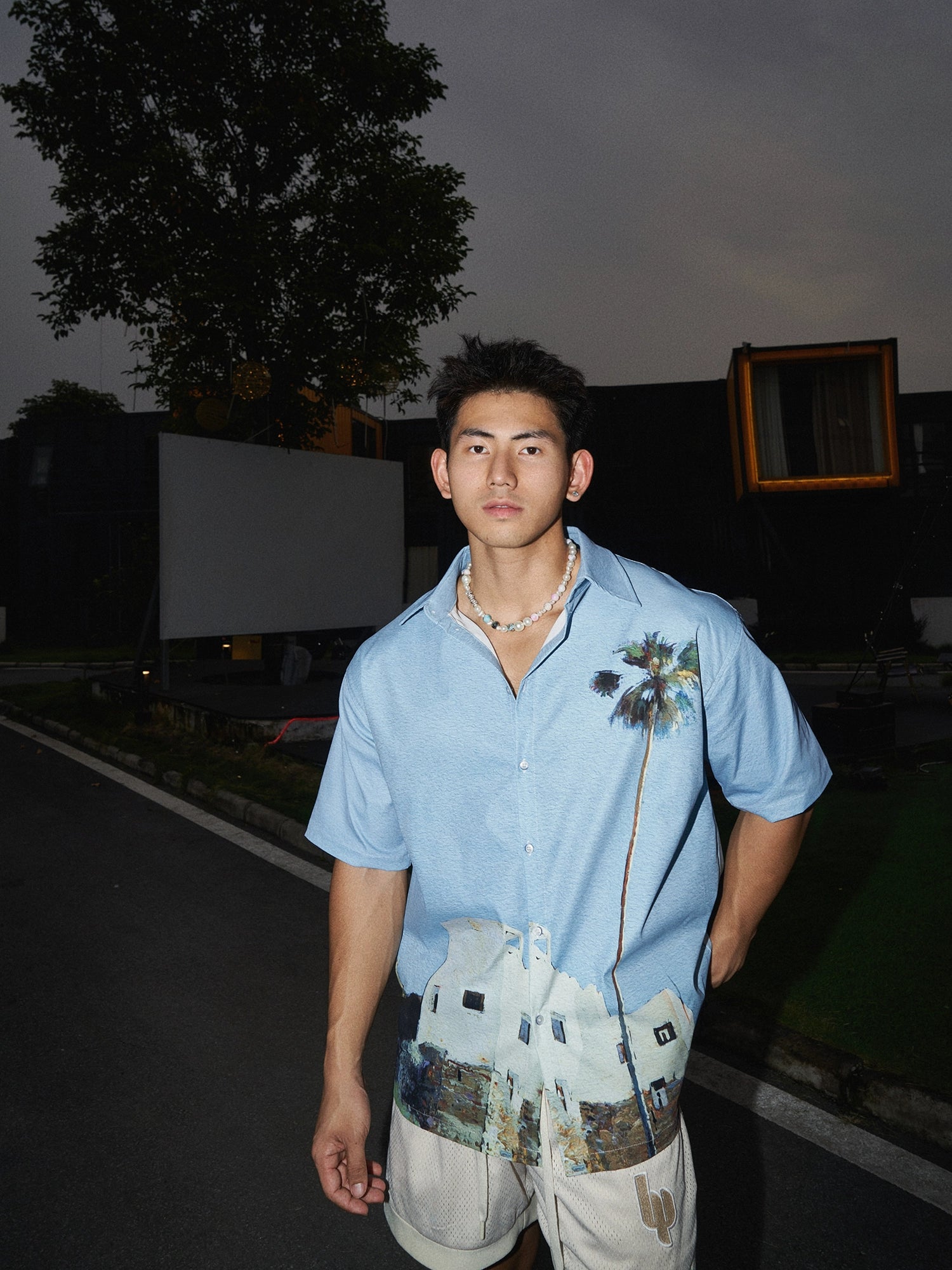 Light Blue Shirt with Mediterranean Scene Print