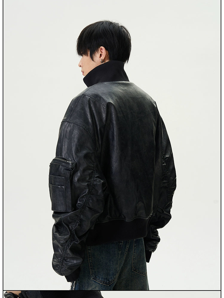 Functional Pocket Faux Leather Bomber Jacket