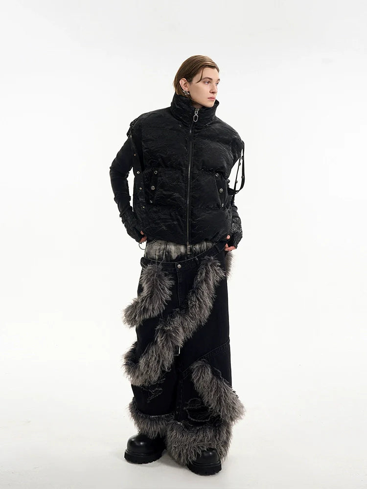 Textured Black Puffer Vest with Hardware Details and Grommet Straps
