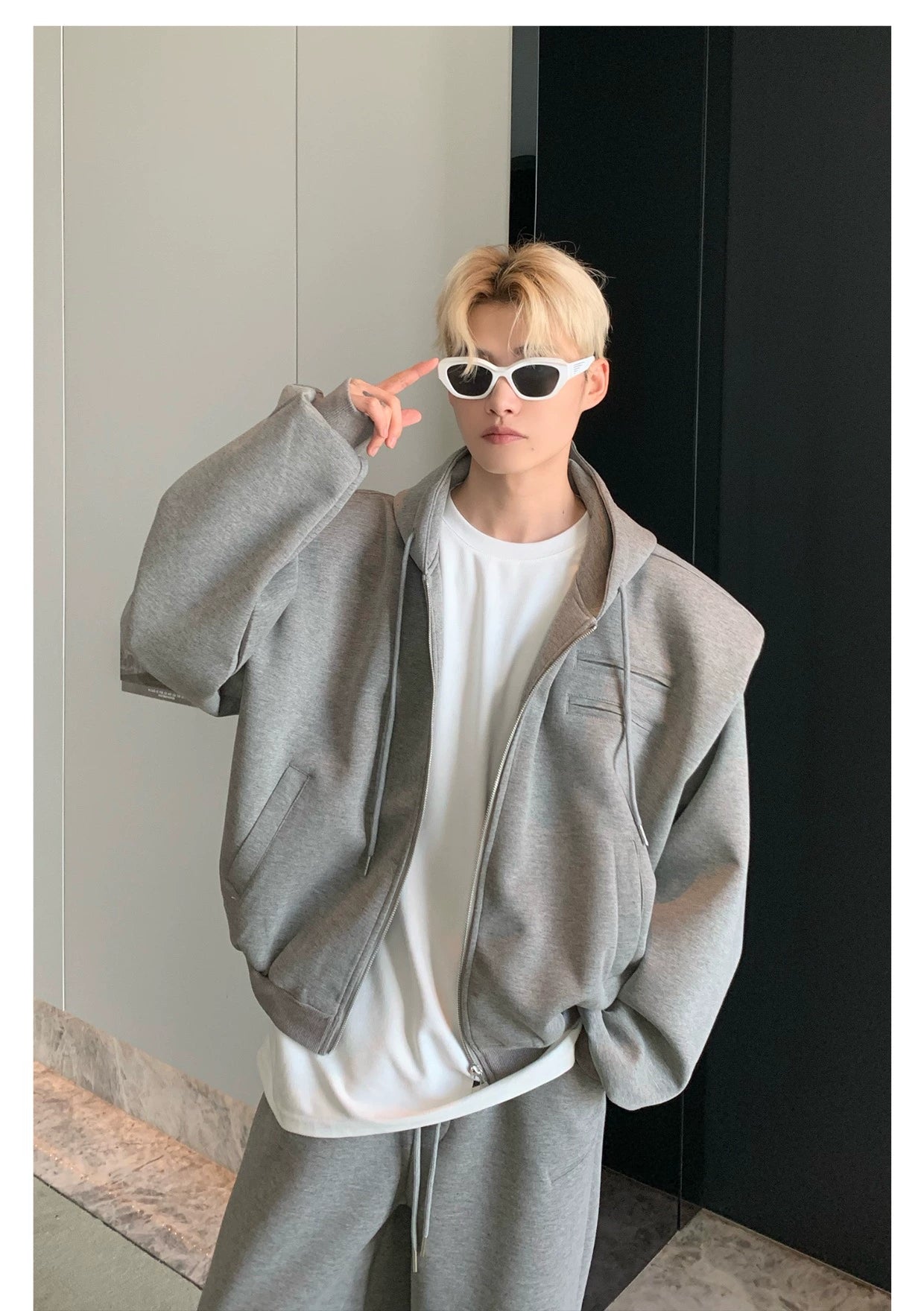 Shoulder-Padded Hoodie Jacket with Straight-Leg Pants Two-Piece Set