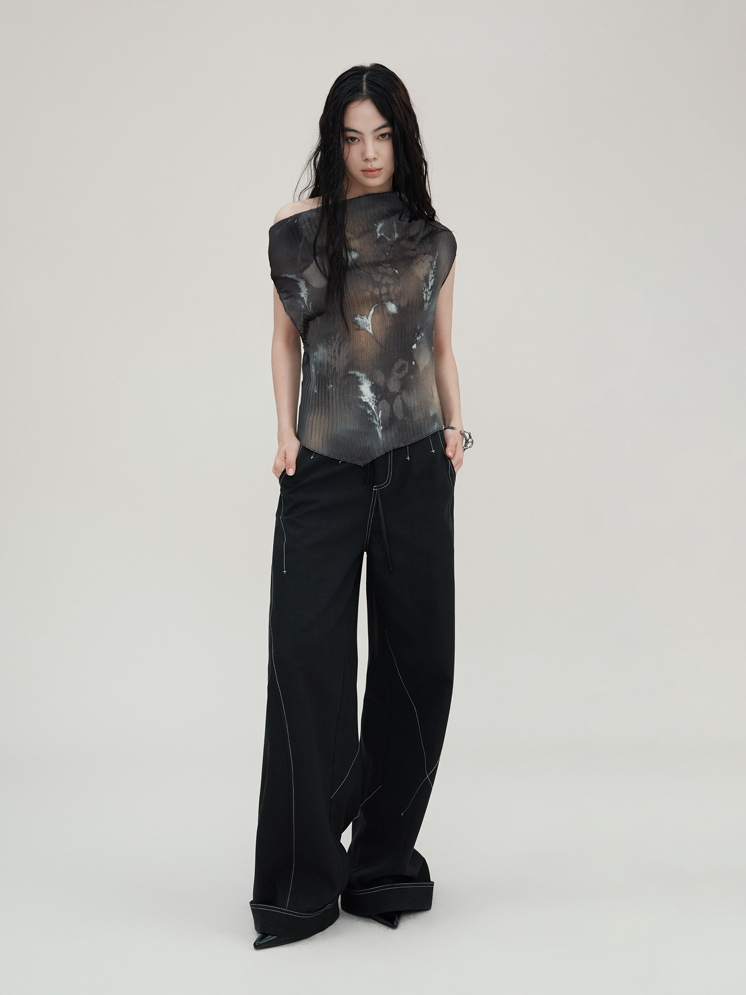 Black Contrast Stitch Wide Leg Pants