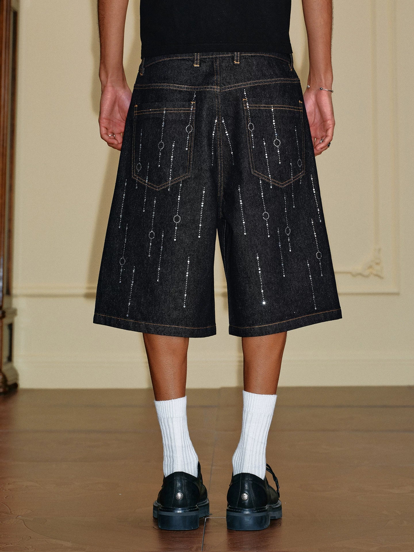 Crystal Embellished Wide Leg Denim Shorts