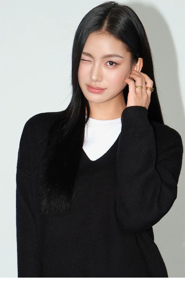 Cozy Line V‑Neck Relaxed Knit Sweater