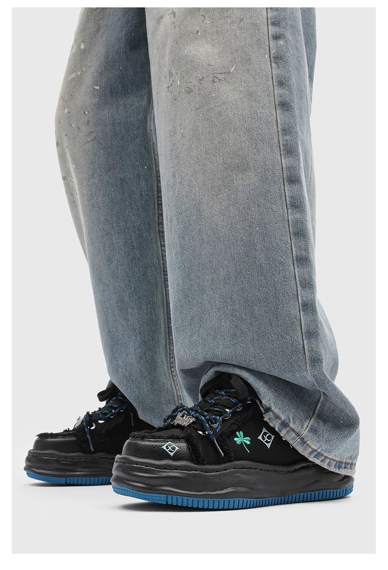 Distressed Embroidered Platform Sneakers