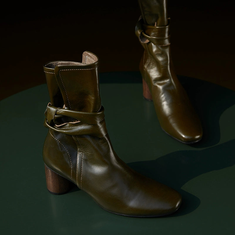 Leather Ankle Boots with Block Heel