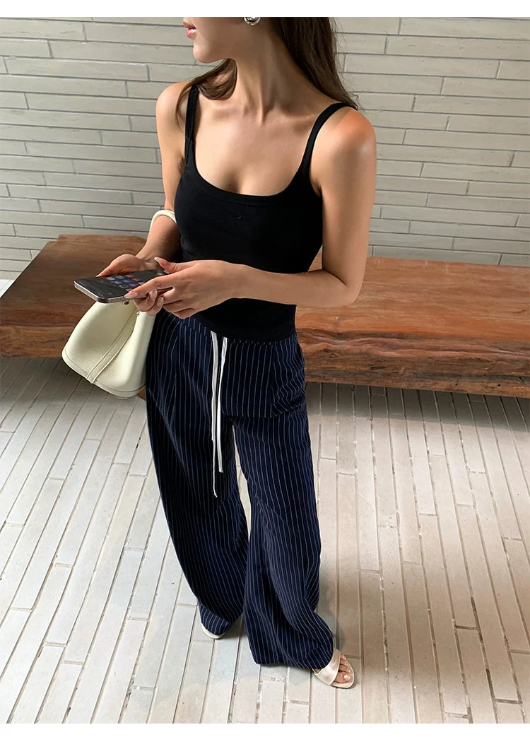 Pinstripe Drawstring Wide Leg Pants