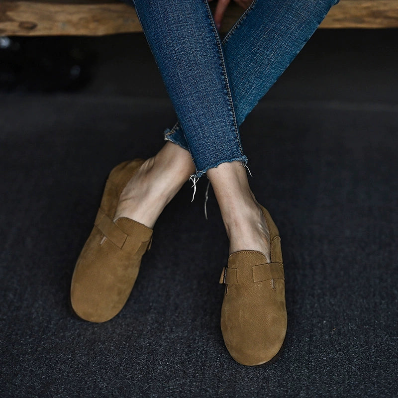 Tan Buckle Leather Slip Loafers