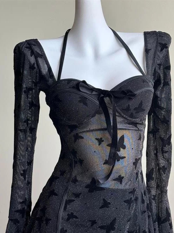 Midnight Flutter Sheer Butterfly Swim Dress