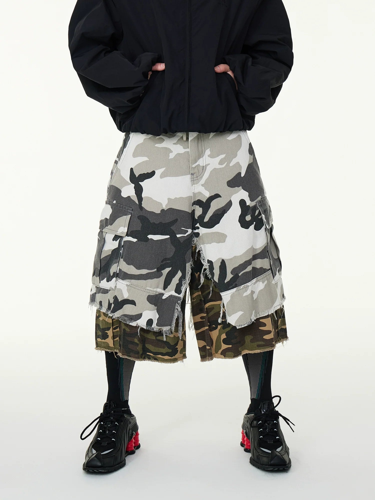 Double Layered Camo Patchwork Cargo Shorts