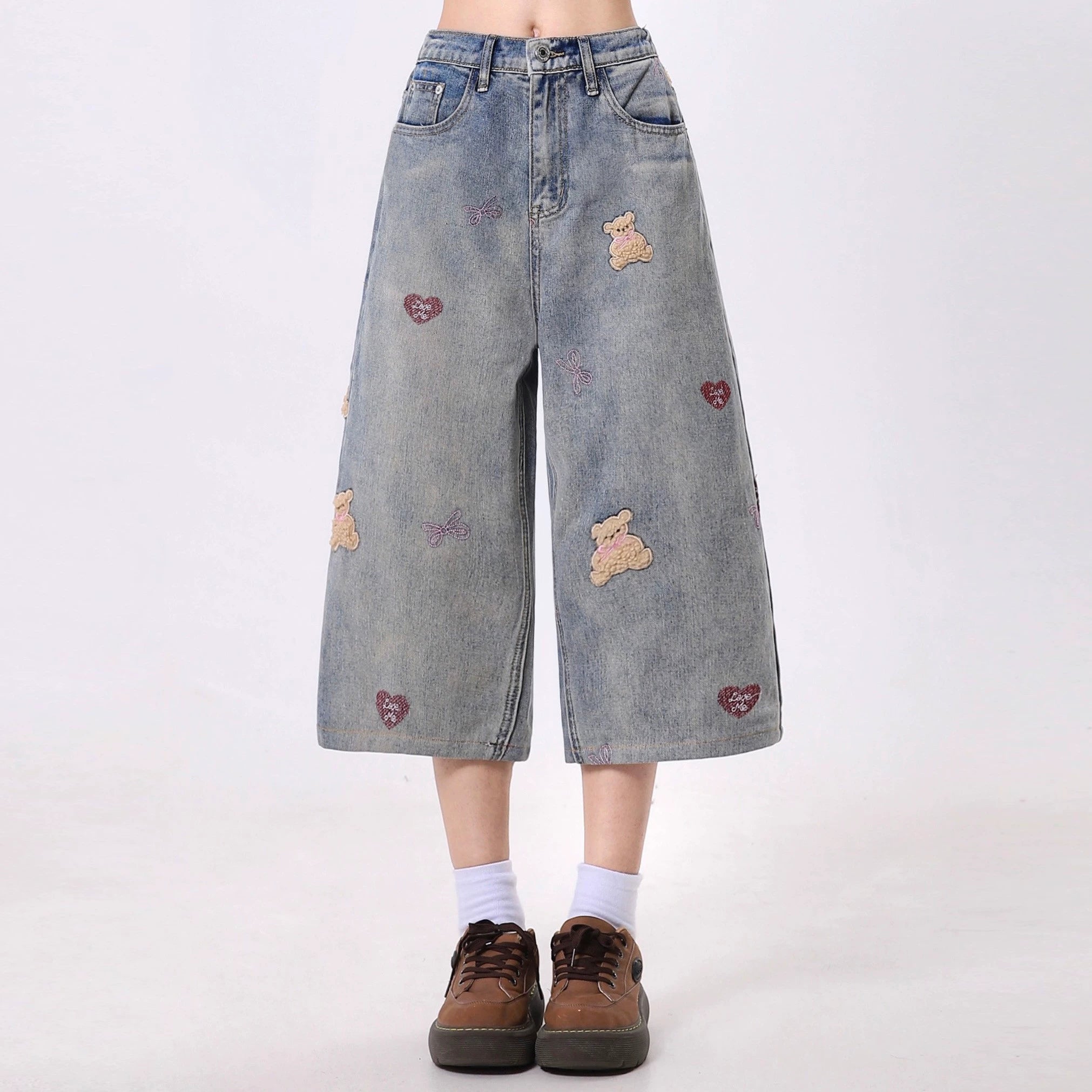 Distressed Teddy Bear Wide Leg Jeans