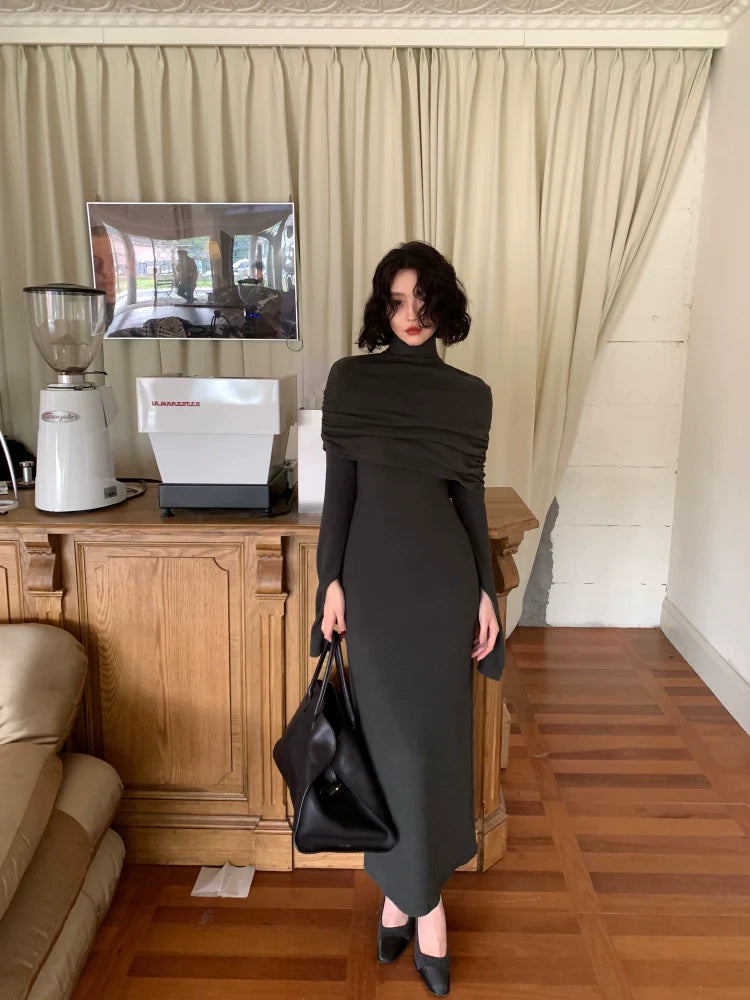 High Neck Shawl and Long Sleeve Maxi Dress Set