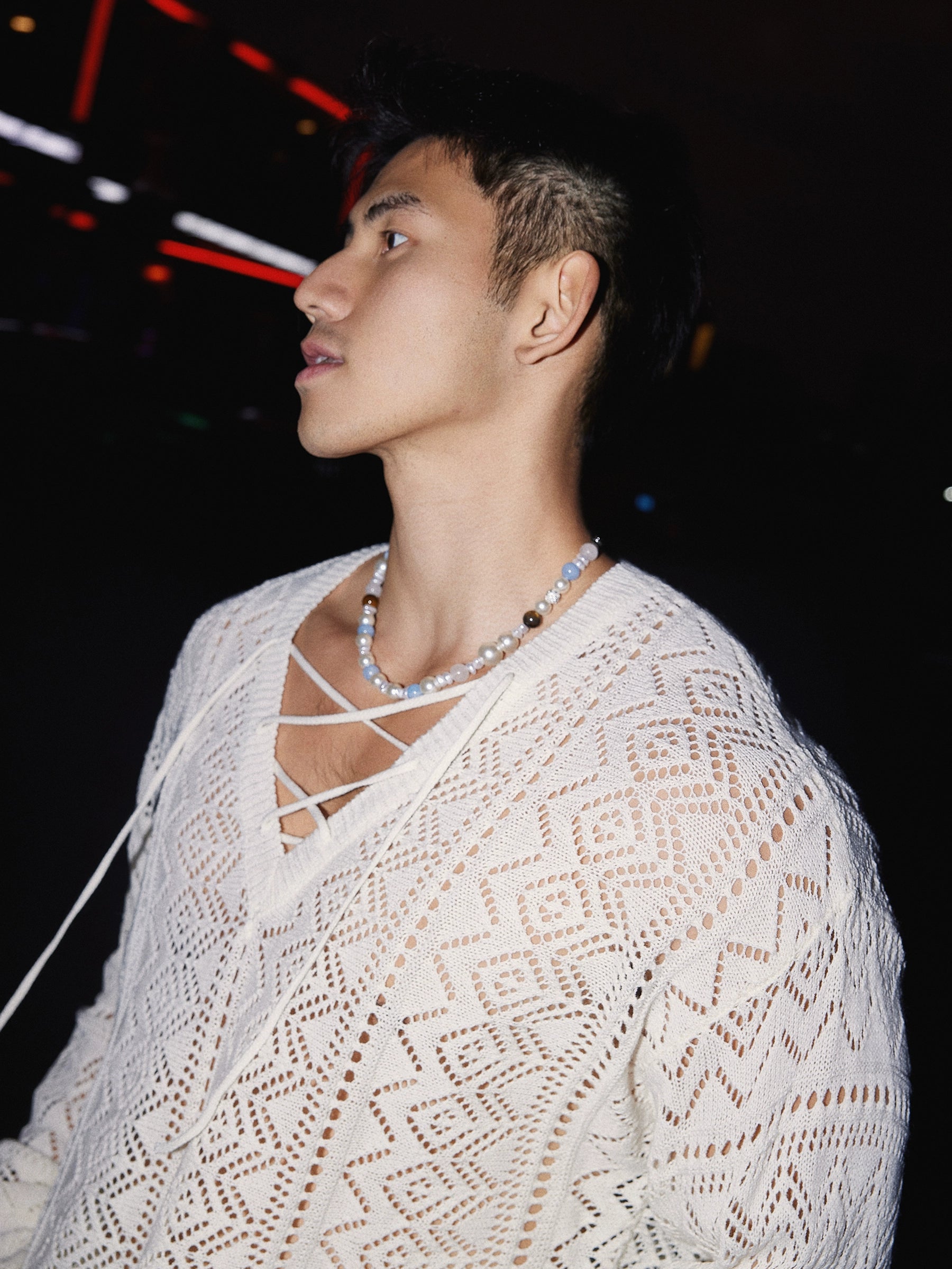 Crochet Knit Sweater with Lattice Detail