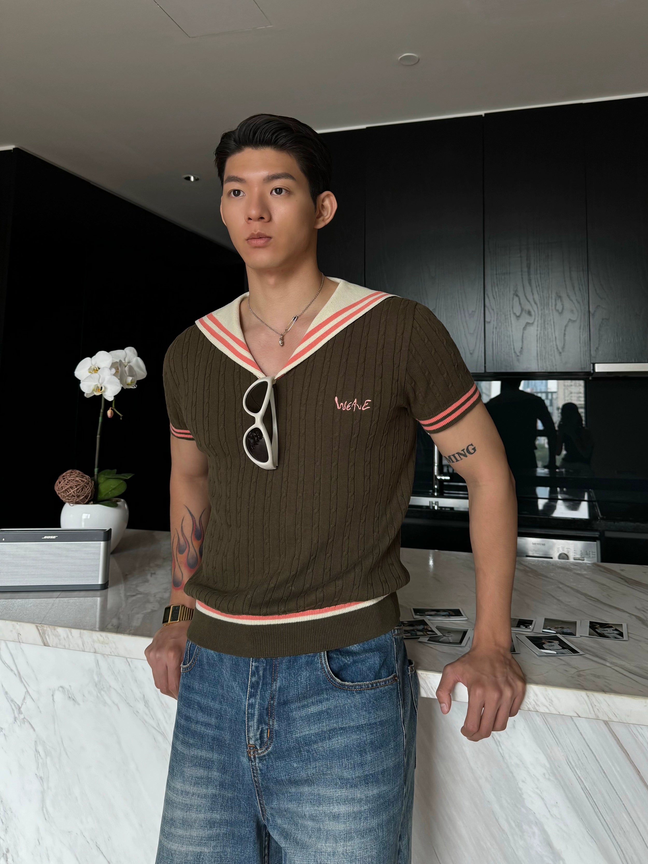 Retro Varsity Knit V-Neck Vest Brown